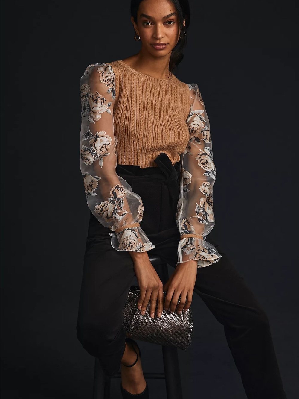 Anthropologie Romantic Floral Ruffle Sleeve Sweater | Size M